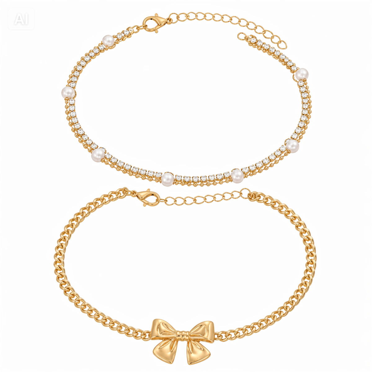 Pearl & Cubic Zirconia Goldtone Bow Charm Layered Anklet Set - Street Region