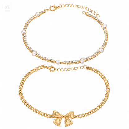 Pearl & Cubic Zirconia Goldtone Bow Charm Layered Anklet Set - Street Region