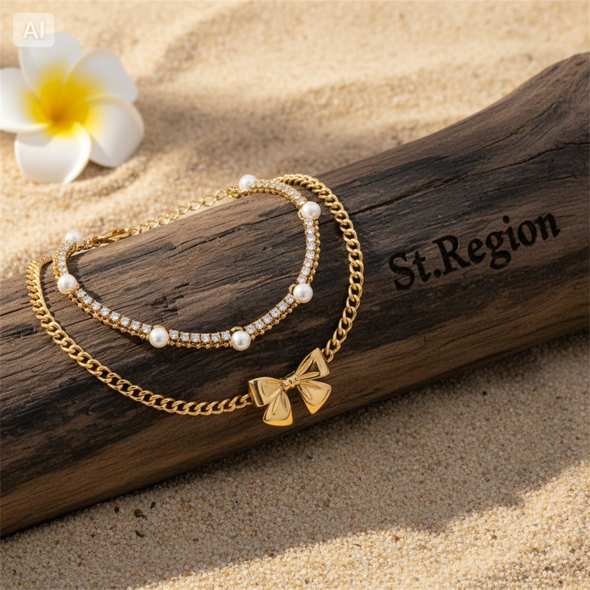 Pearl & Cubic Zirconia Goldtone Bow Charm Layered Anklet Set - Street Region