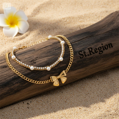 Pearl & Cubic Zirconia Goldtone Bow Charm Layered Anklet Set - Street Region