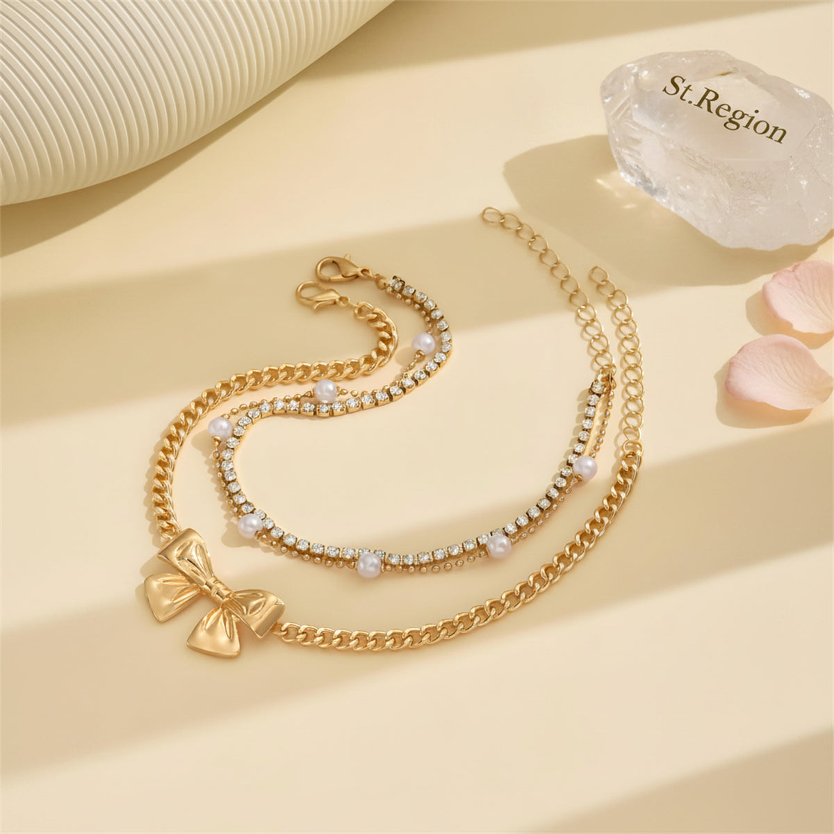 Pearl & Cubic Zirconia Goldtone Bow Charm Layered Anklet Set - Street Region
