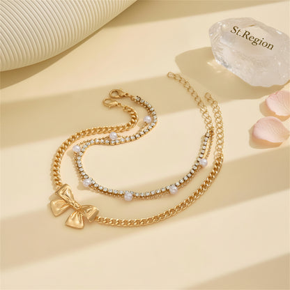 Pearl & Cubic Zirconia Goldtone Bow Charm Layered Anklet Set - Street Region