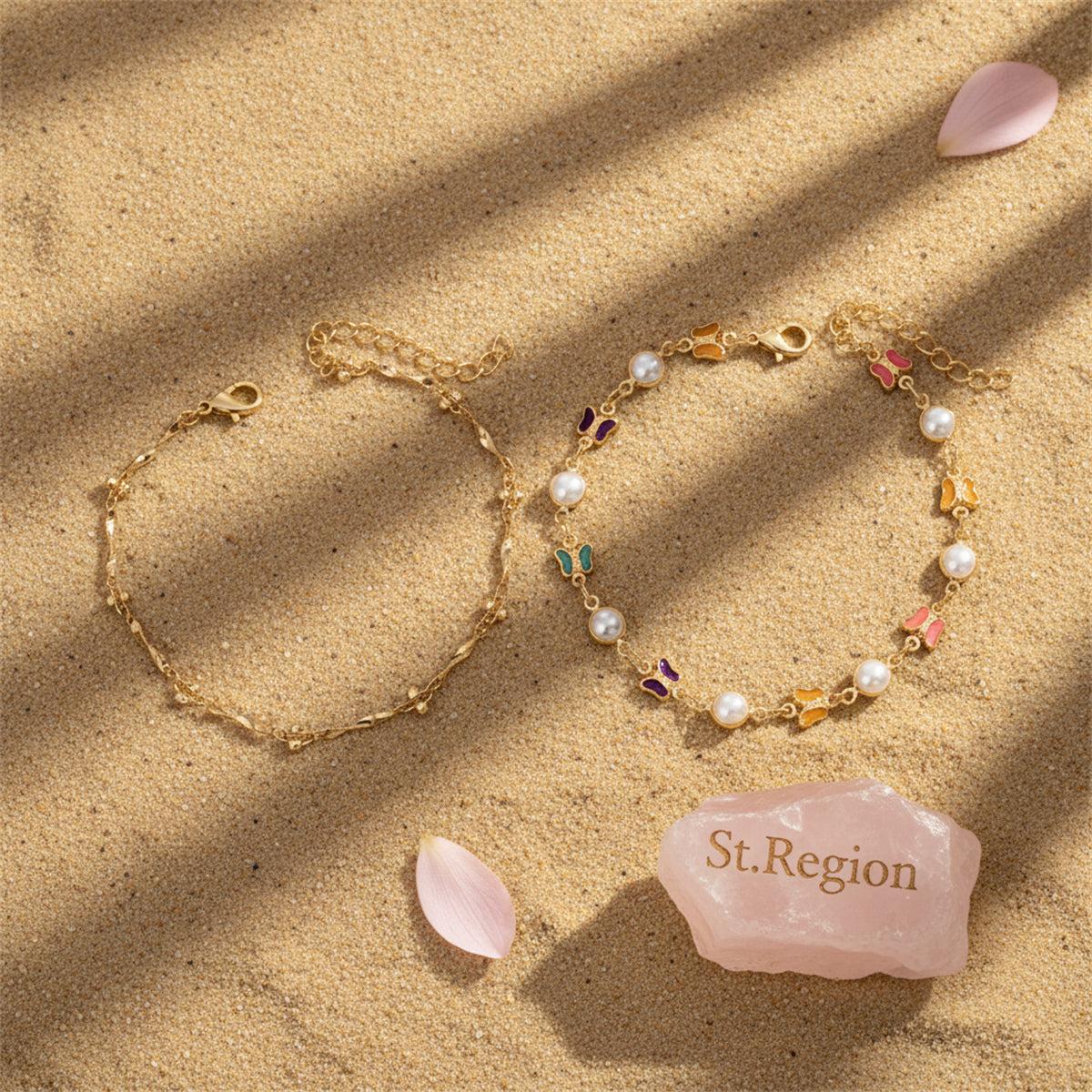 Multi-Colored Crystal and Pearl Goldtone Butterfly Station Anklet Set, jewelry gift sets for women, lifestyle look