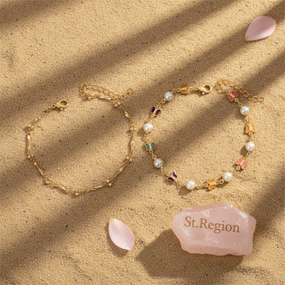 Multi-Colored Crystal and Pearl Goldtone Butterfly Station Anklet Set, jewelry gift sets for women, lifestyle look