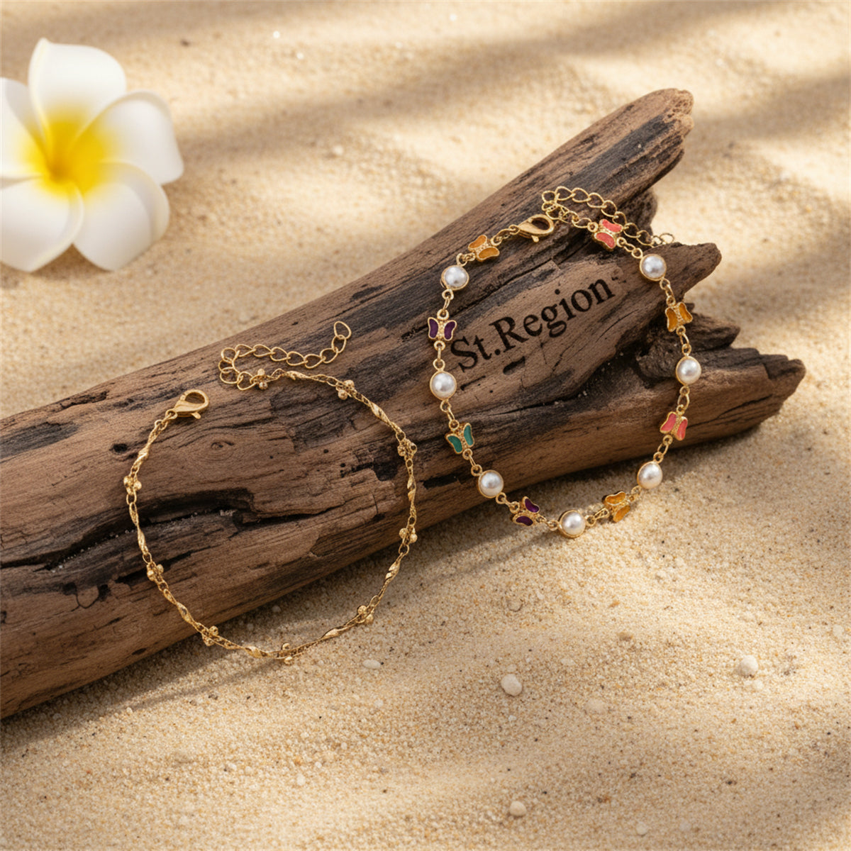 Multi-Colored Crystal & Pearl Goldtone Butterfly Station Anklet Set - Street Region