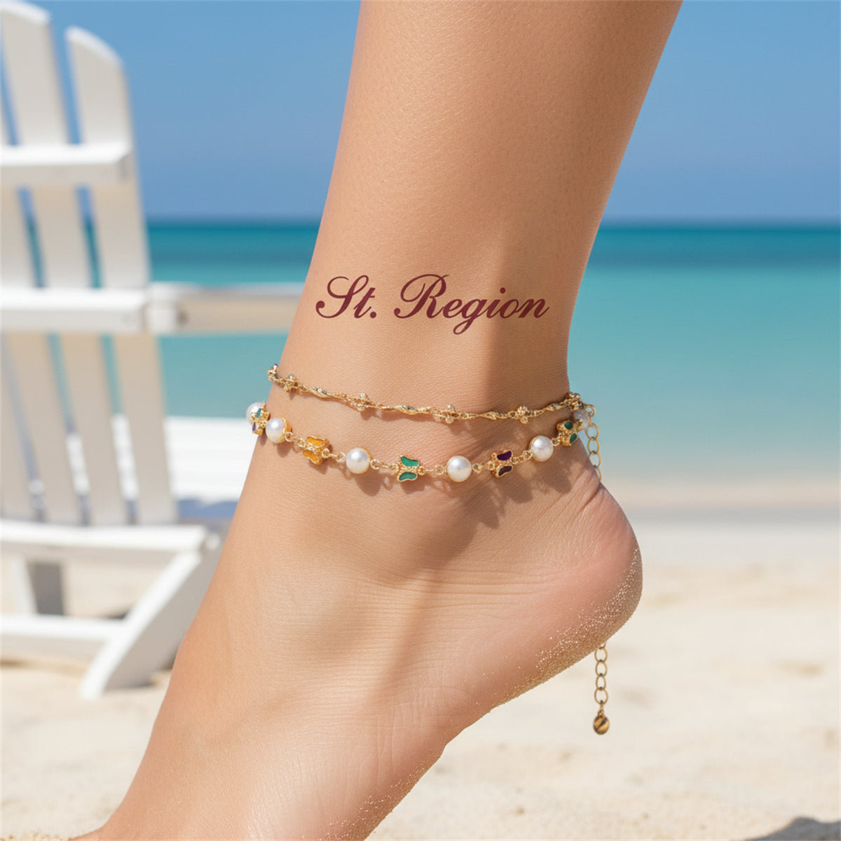 Multi-Colored Crystal & Pearl Goldtone Butterfly Station Anklet Set - Street Region