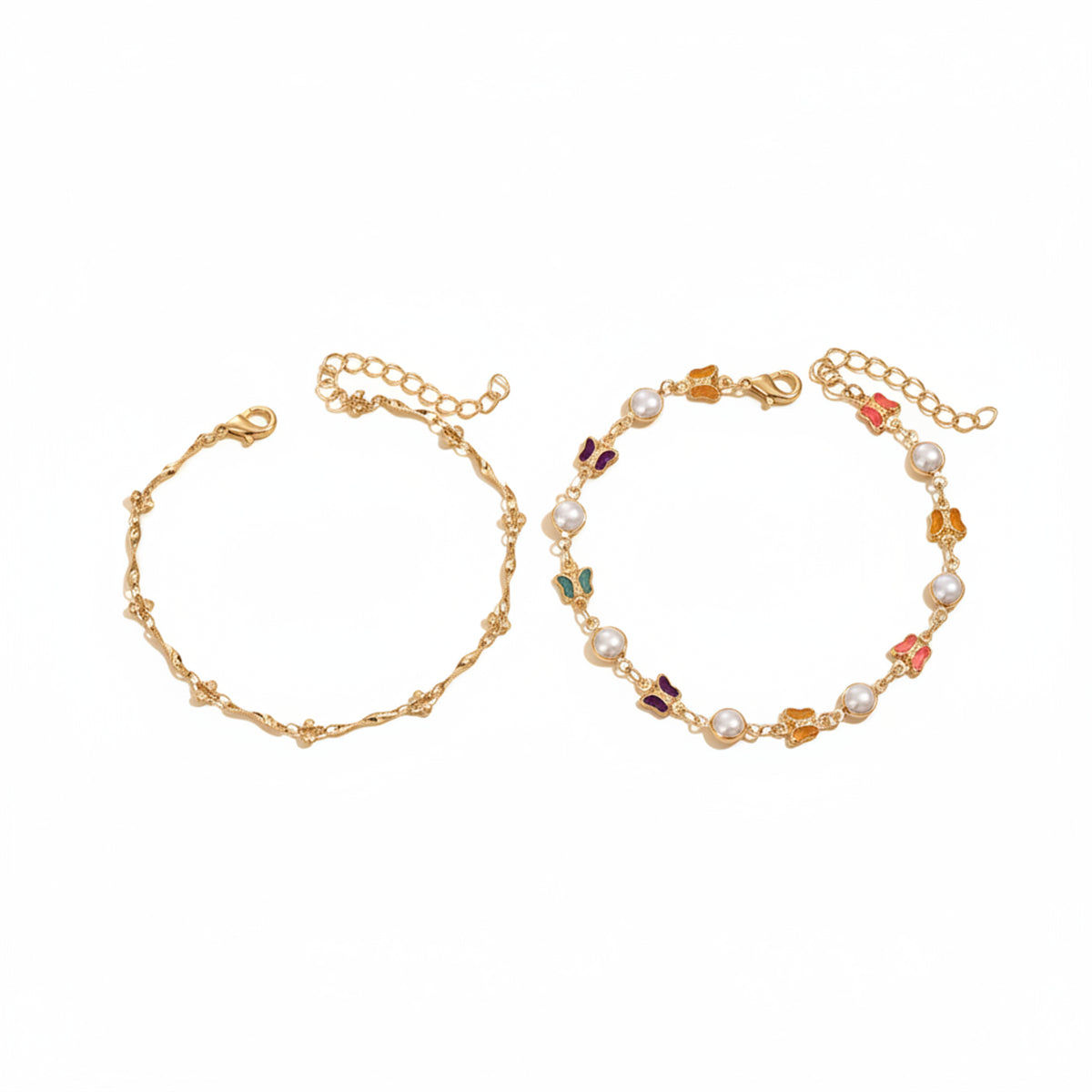 Multi-Colored Crystal & Pearl Goldtone Butterfly Station Anklet Set - Street Region