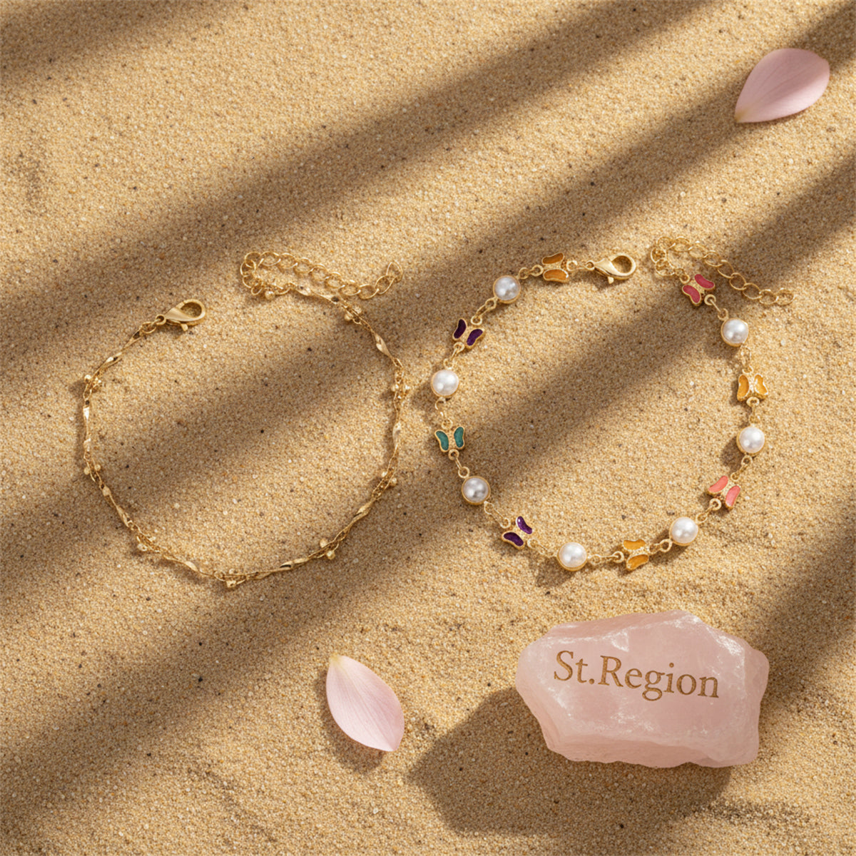 Multi-Colored Crystal & Pearl Goldtone Butterfly Station Anklet Set - Street Region