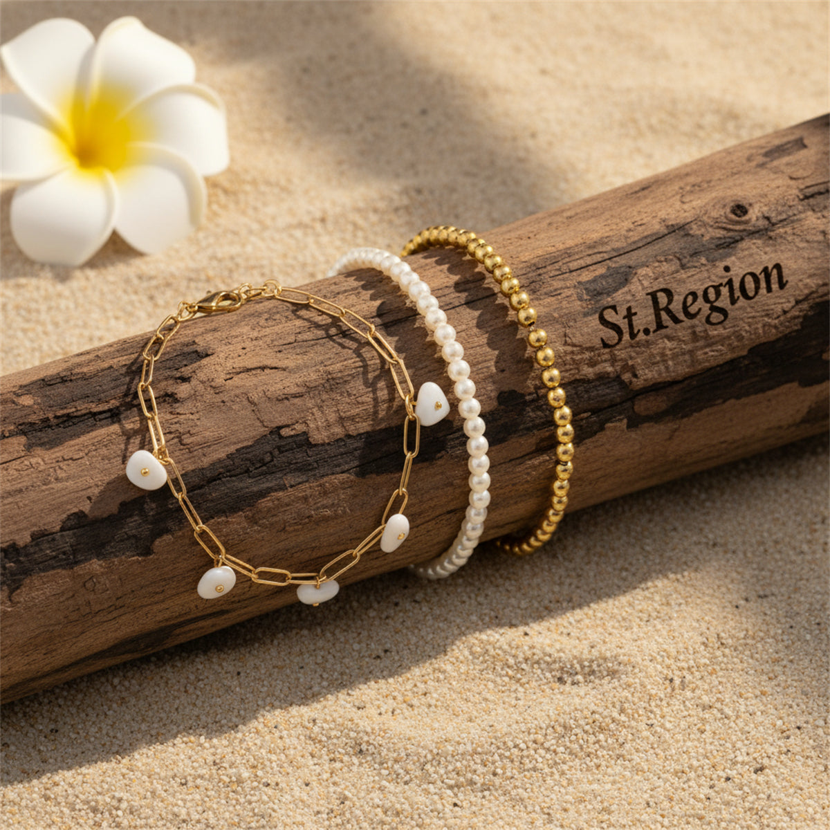 White Turqouise & Pearl Goldtone Beads Stretch Anklet Set - Street Region
