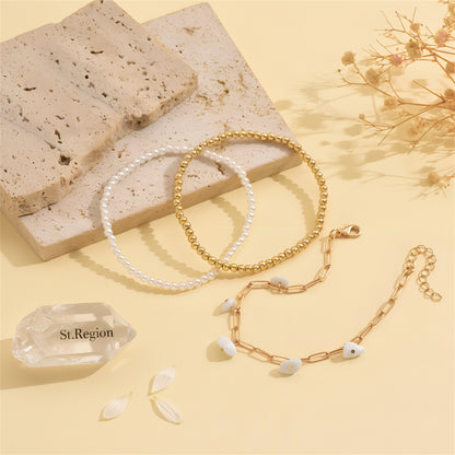 White Turqouise & Pearl Goldtone Beads Stretch Anklet Set - Street Region