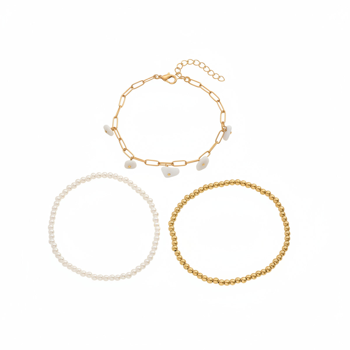 White Turqouise & Pearl Goldtone Beads Stretch Anklet Set - Street Region