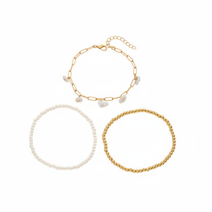White Turqouise & Pearl Goldtone Beads Stretch Anklet Set - Street Region