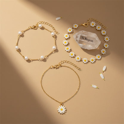 White Enamel & Pearl Goldtone Mum Station Anklet Set - Street Region