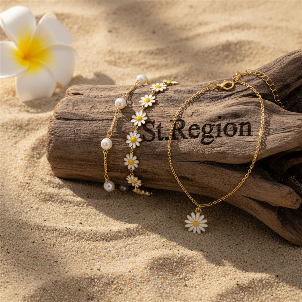 White Enamel & Pearl Goldtone Mum Station Anklet Set - Street Region