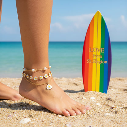 White Enamel & Pearl Goldtone Mum Station Anklet Set - Street Region