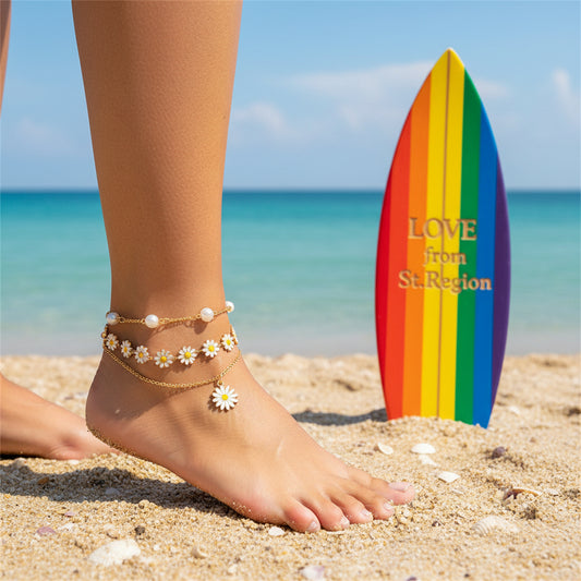 White Enamel & Pearl Goldtone Mum Station Anklet Set - Street Region