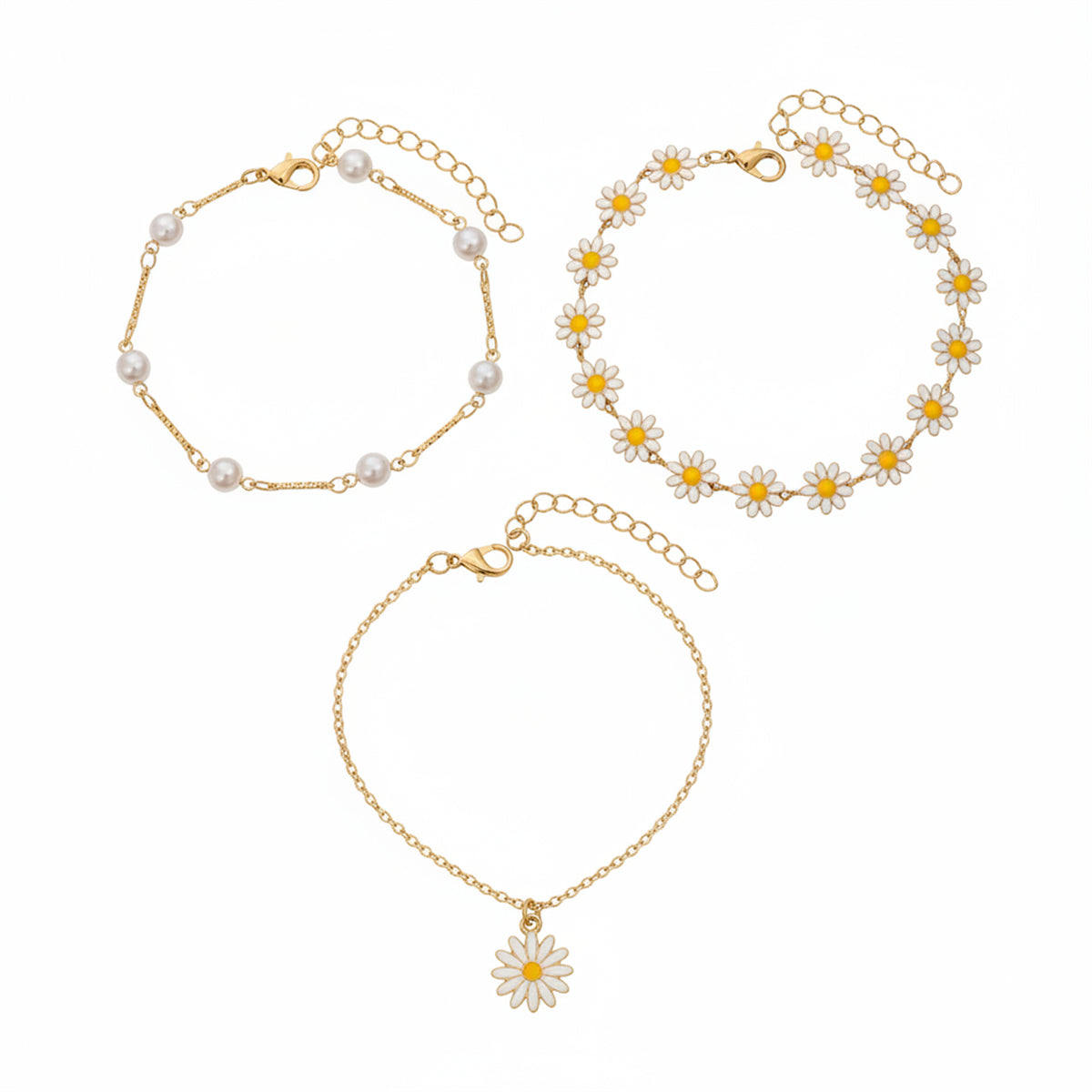 White Enamel & Pearl Goldtone Mum Station Anklet Set - Street Region