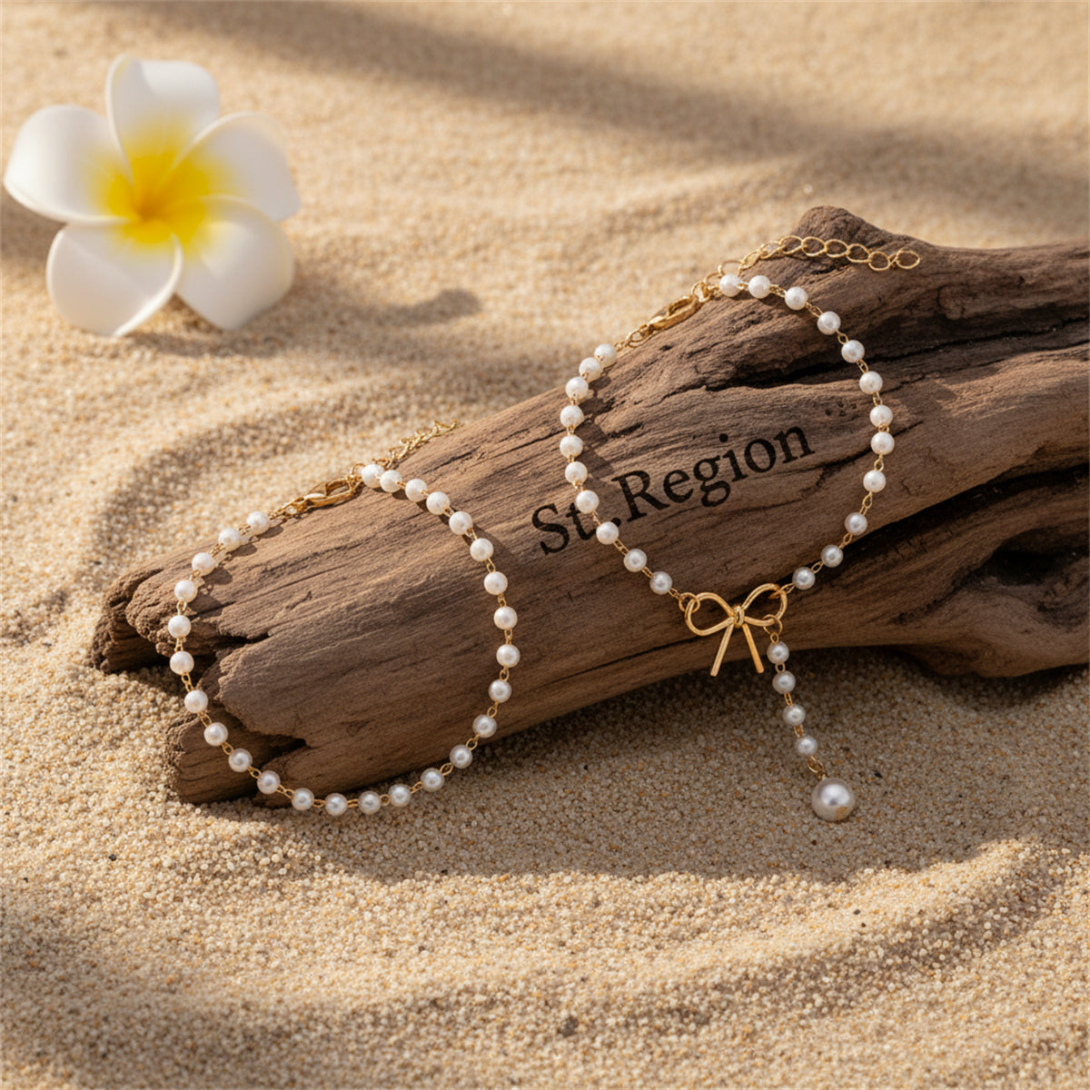 Pearl & Goldtone Beads Chain Bow Drop Anklet Set - Street Region