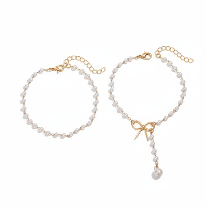 Pearl & Goldtone Beads Chain Bow Drop Anklet Set - Street Region