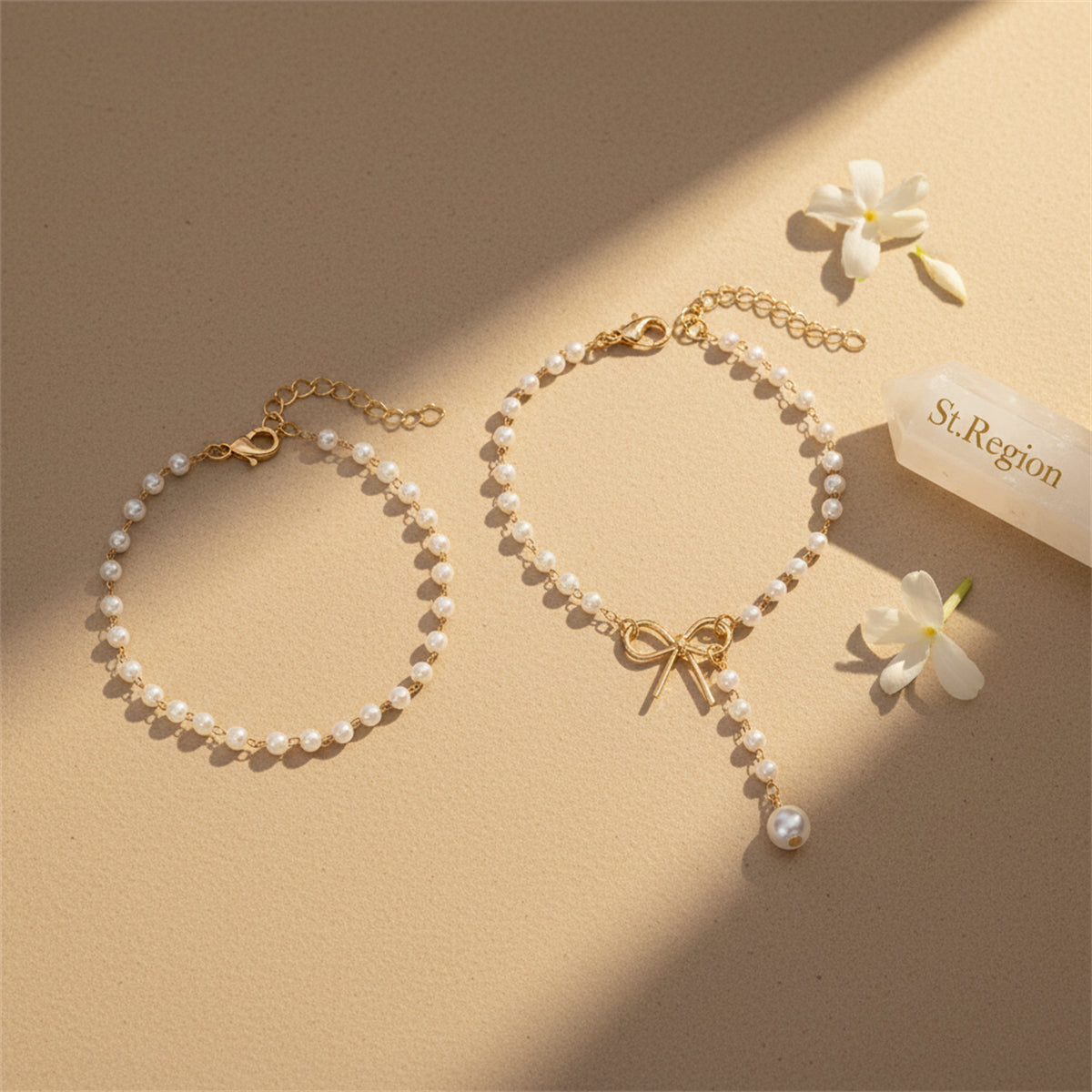 Pearl & Goldtone Beads Chain Bow Drop Anklet Set - Street Region