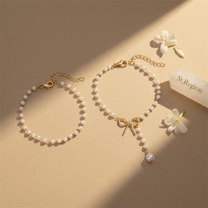 Pearl & Goldtone Beads Chain Bow Drop Anklet Set - Street Region