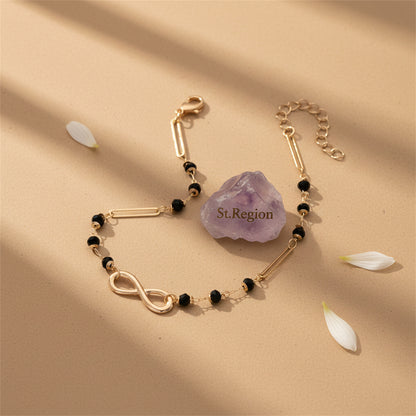 Black Acrylic Beads & Goldtone Infinity Sign Charm Anklet - Street Region