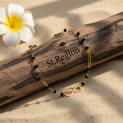 Black Acrylic Beads & Goldtone Infinity Sign Charm Anklet - Street Region