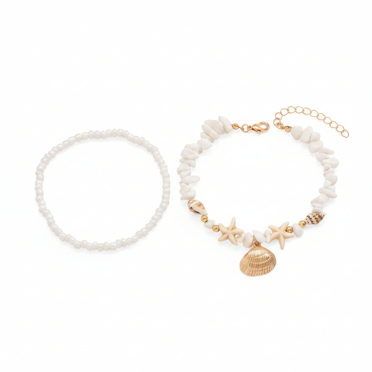 White Turqouise & Howlite Shell Goldtone Irregular Beads Anklet Set - Street Region