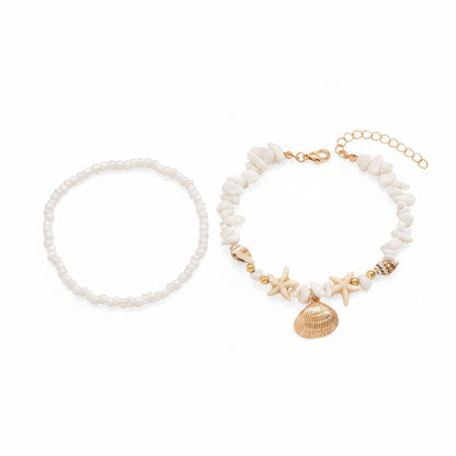 White Turqouise & Howlite Shell Goldtone Irregular Beads Anklet Set - Street Region