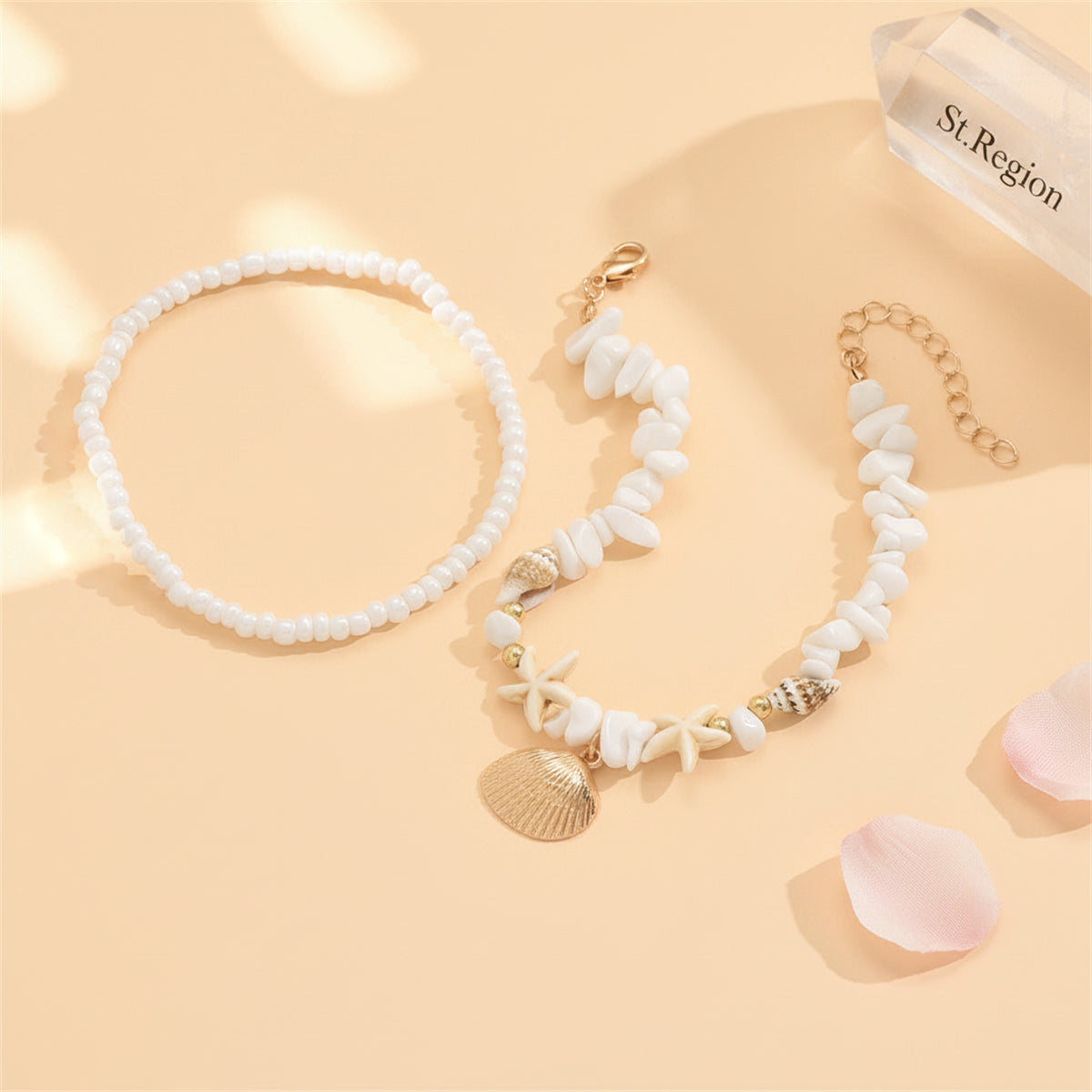 White Turqouise & Howlite Shell Goldtone Irregular Beads Anklet Set - Street Region
