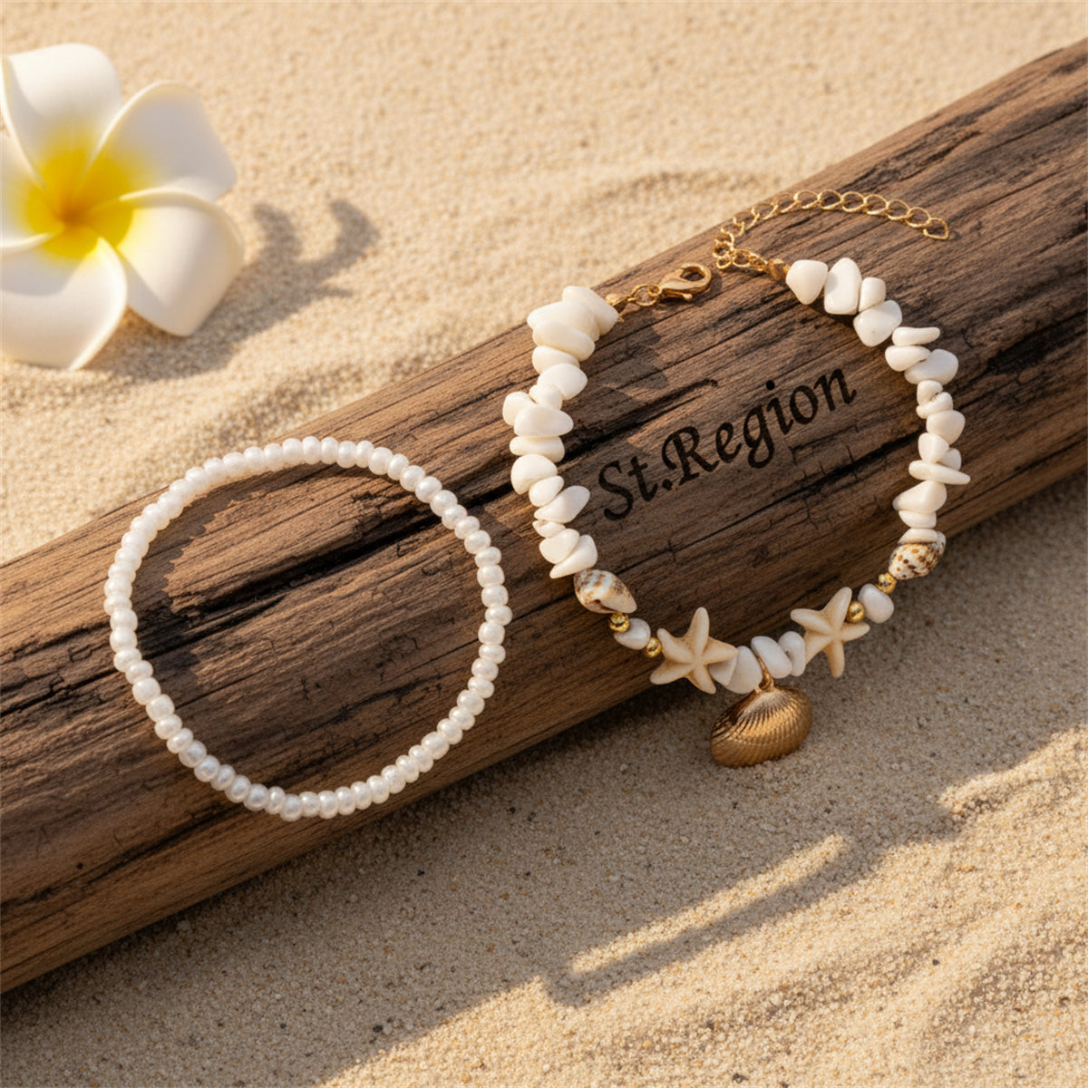 White Turqouise & Howlite Shell Goldtone Irregular Beads Anklet Set - Street Region