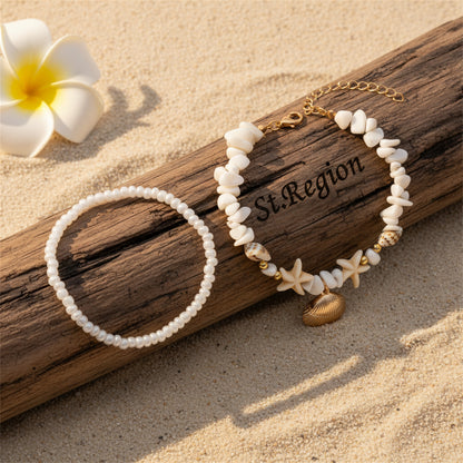 White Turqouise & Howlite Shell Goldtone Irregular Beads Anklet Set - Street Region