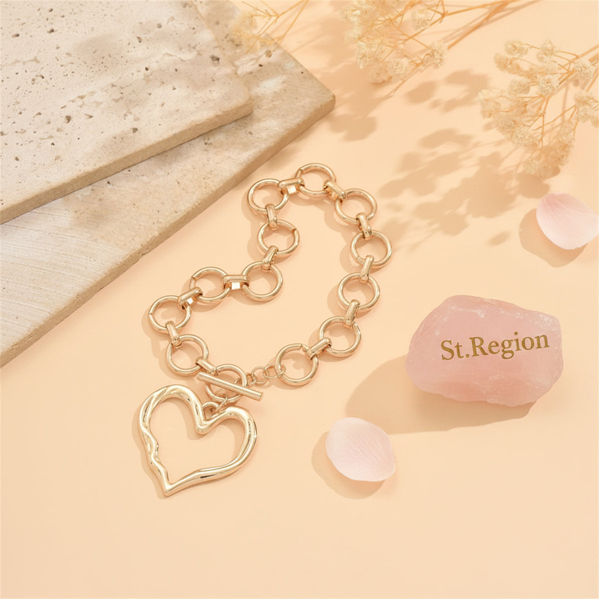 Goldtone Hollow Heart Charm Statement Toggle Anklet - Street Region