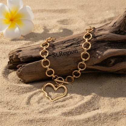 Goldtone Hollow Heart Charm Statement Toggle Anklet - Street Region