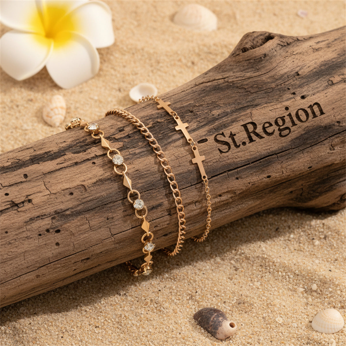 Cubic Zirconia & Goldtone Three Cross Charm Chain Anklet Set - Street Region
