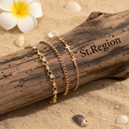 Cubic Zirconia & Goldtone Three Cross Charm Chain Anklet Set - Street Region
