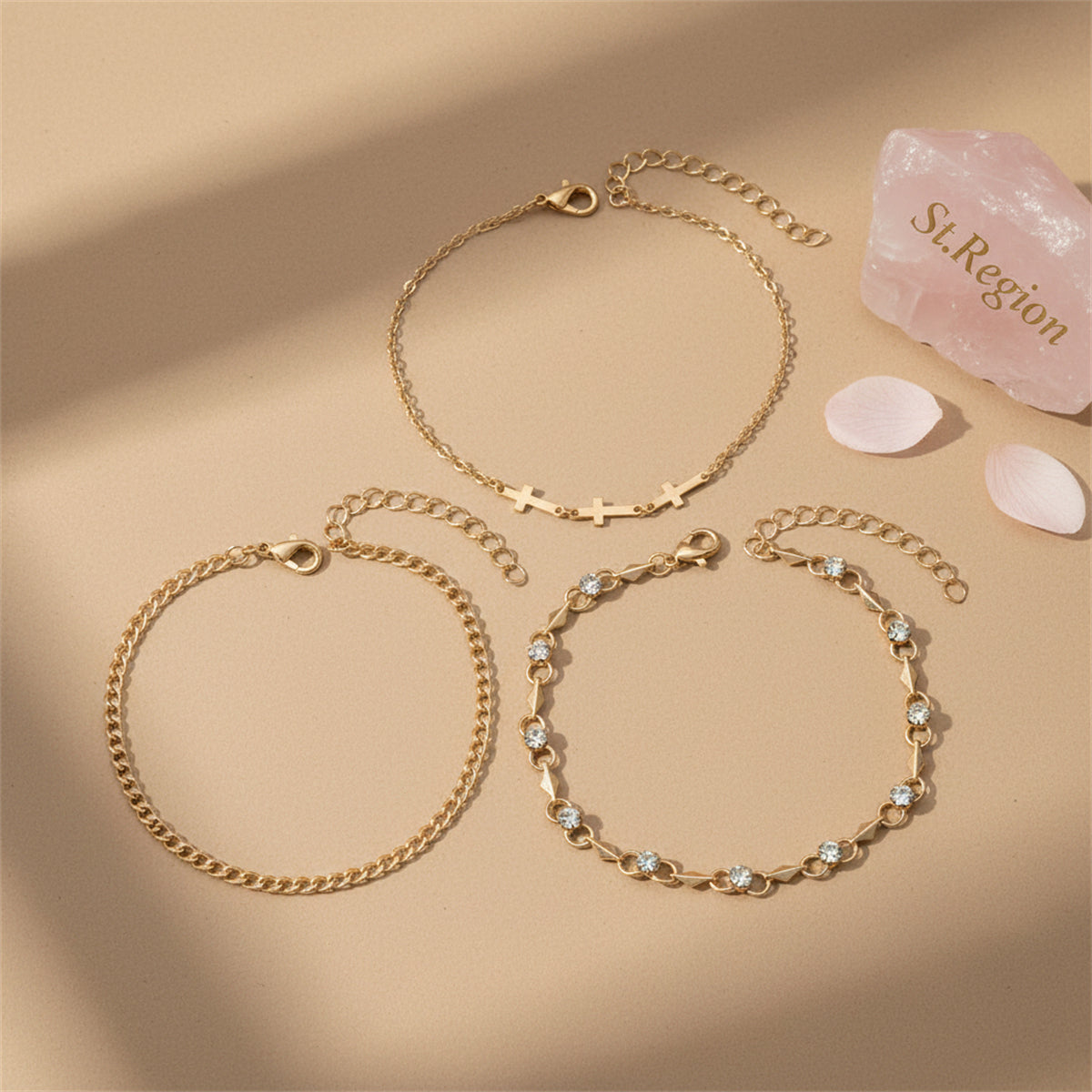 Cubic Zirconia & Goldtone Three Cross Charm Chain Anklet Set - Street Region