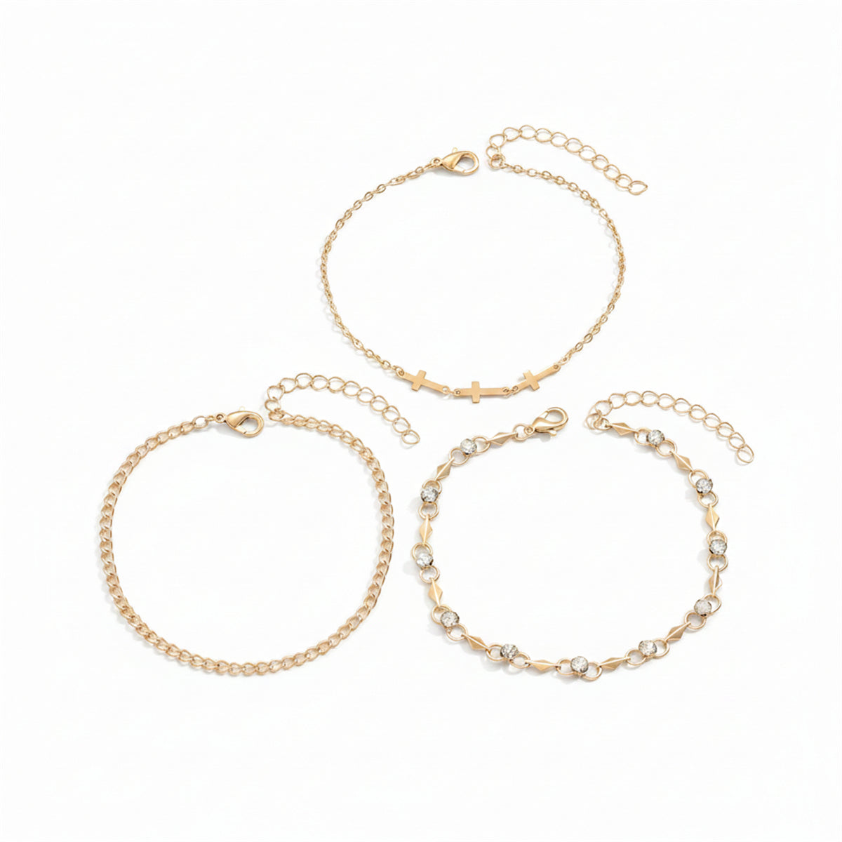 Cubic Zirconia & Goldtone Three Cross Charm Chain Anklet Set - Street Region