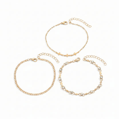 Cubic Zirconia & Goldtone Three Cross Charm Chain Anklet Set - Street Region