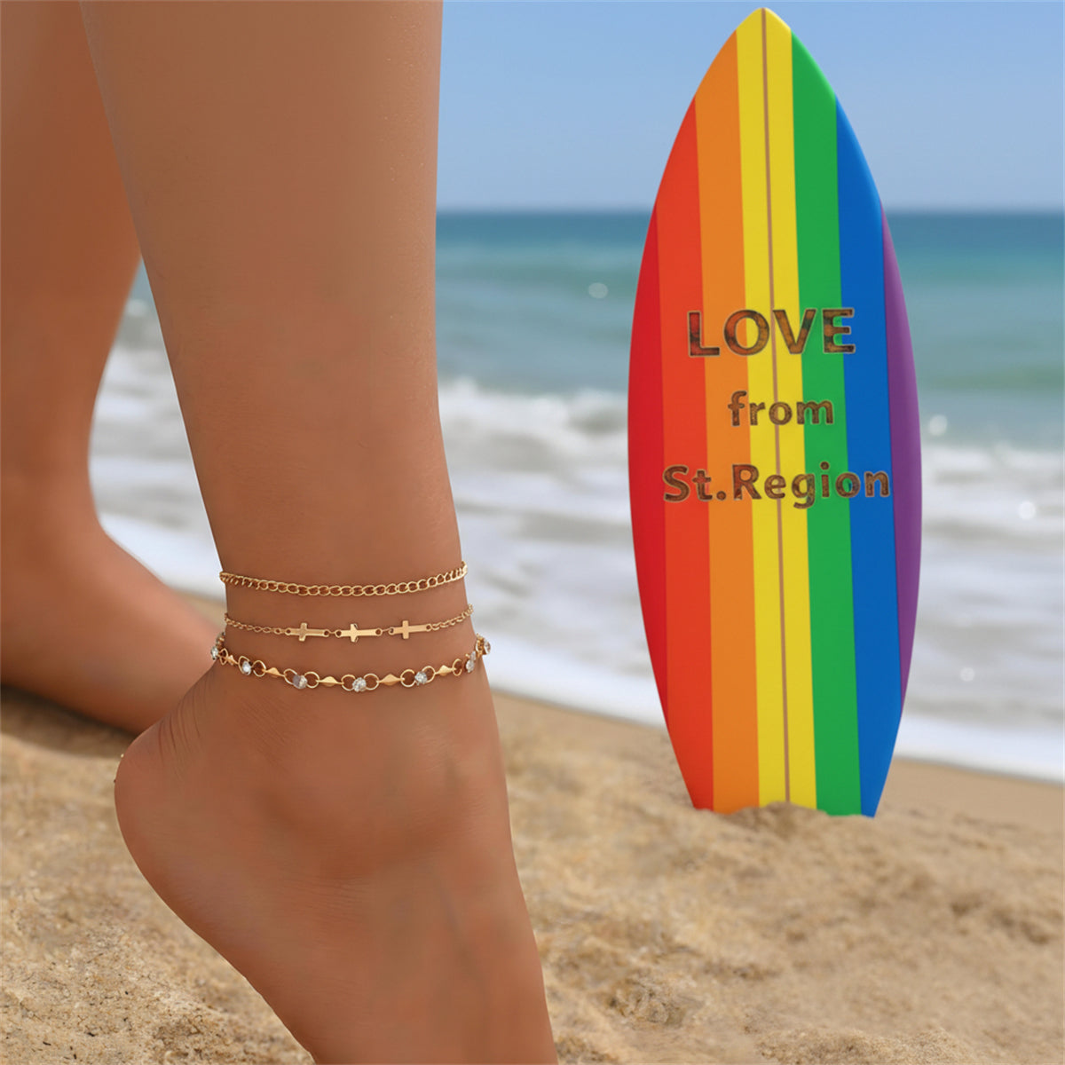 Cubic Zirconia & Goldtone Three Cross Charm Chain Anklet Set - Street Region