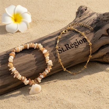 Multi-Colored Shell & Goldtone Charm Anklet Set - Street Region