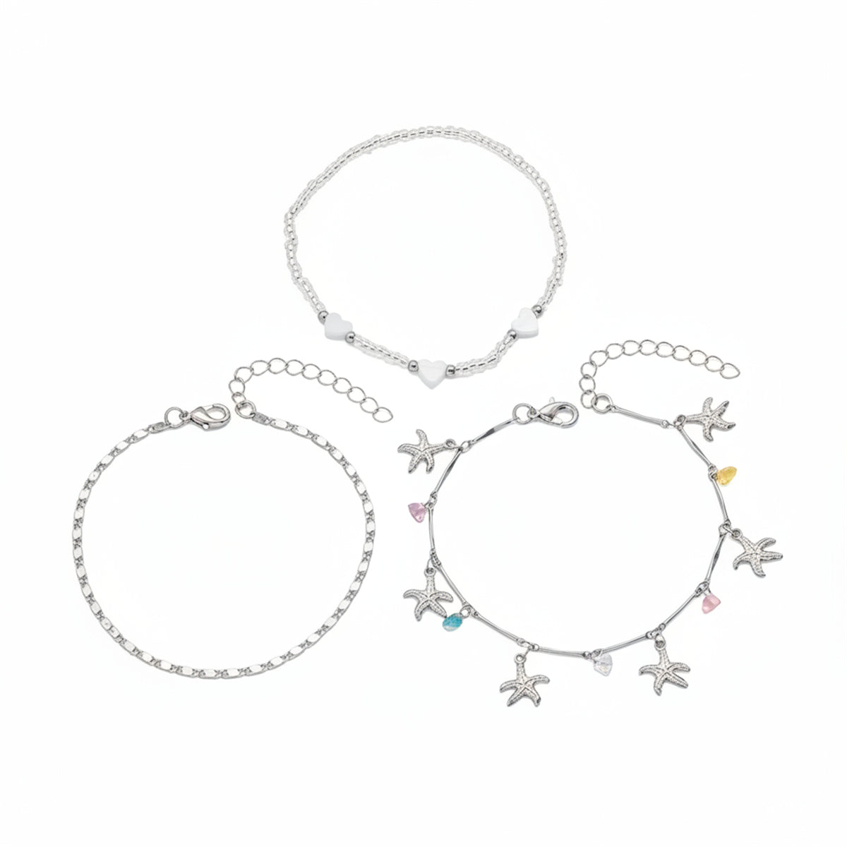 Multi-Colored Crystal & Acrylic Silvertone Starfish Tassel Anklet Set - Street Region