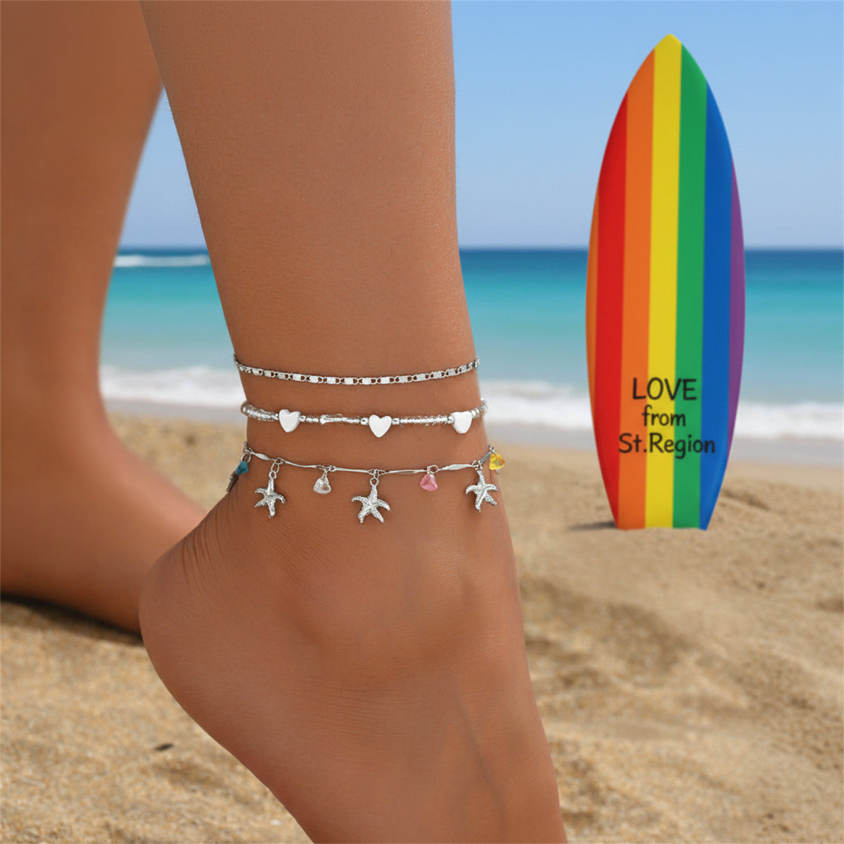 Multi-Colored Crystal & Acrylic Silvertone Starfish Tassel Anklet Set - Street Region