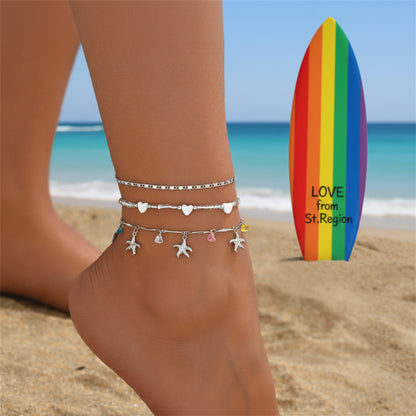 Multi-Colored Crystal & Acrylic Silvertone Starfish Tassel Anklet Set - Street Region