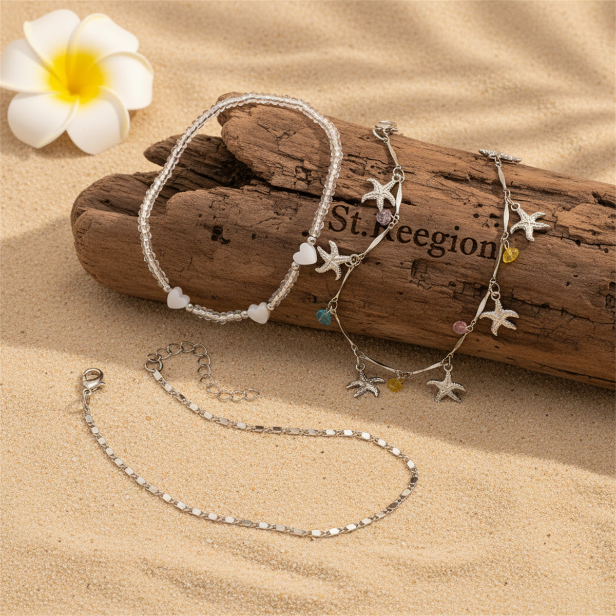 Multi-Colored Crystal & Acrylic Silvertone Starfish Tassel Anklet Set - Street Region