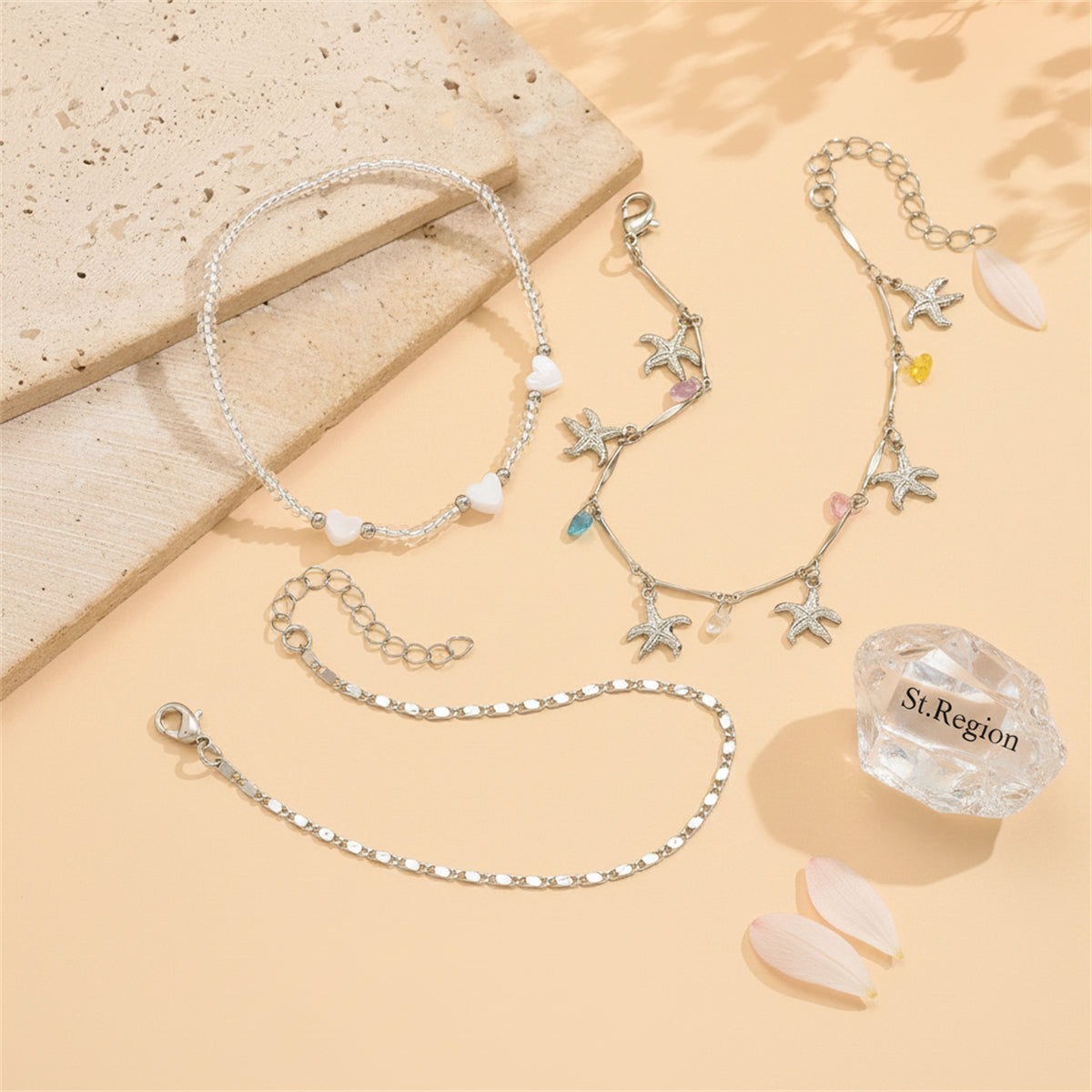 Multi-Colored Crystal & Acrylic Silvertone Starfish Tassel Anklet Set - Street Region