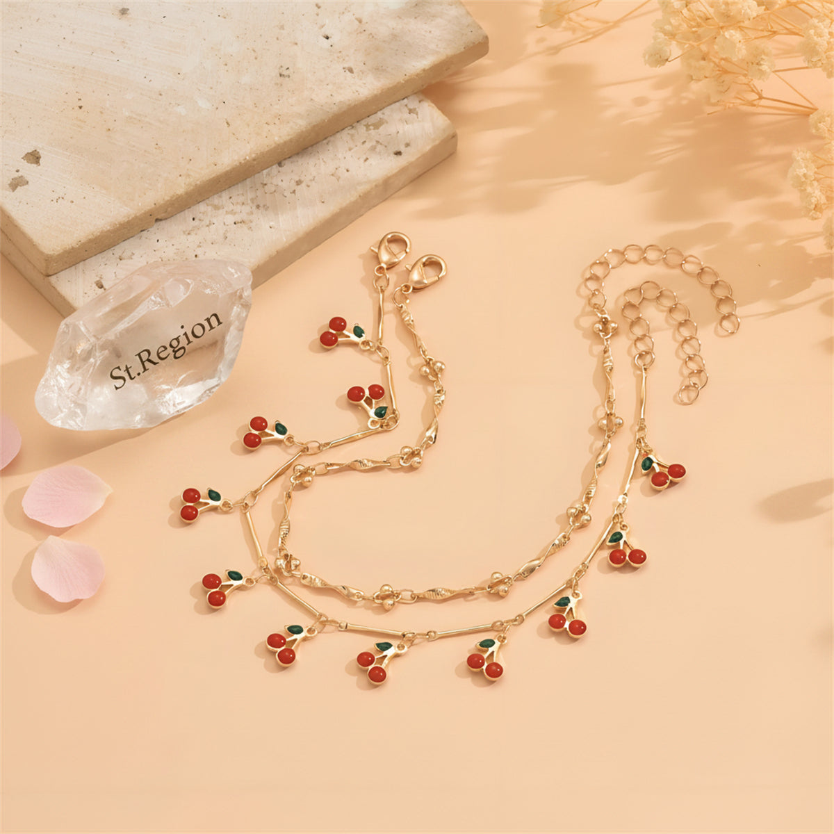 Red Enamel & Goldtone Cherry Tassel Anklet Set - Street Region