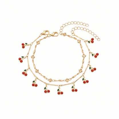 Red Enamel & Goldtone Cherry Tassel Anklet Set - Street Region