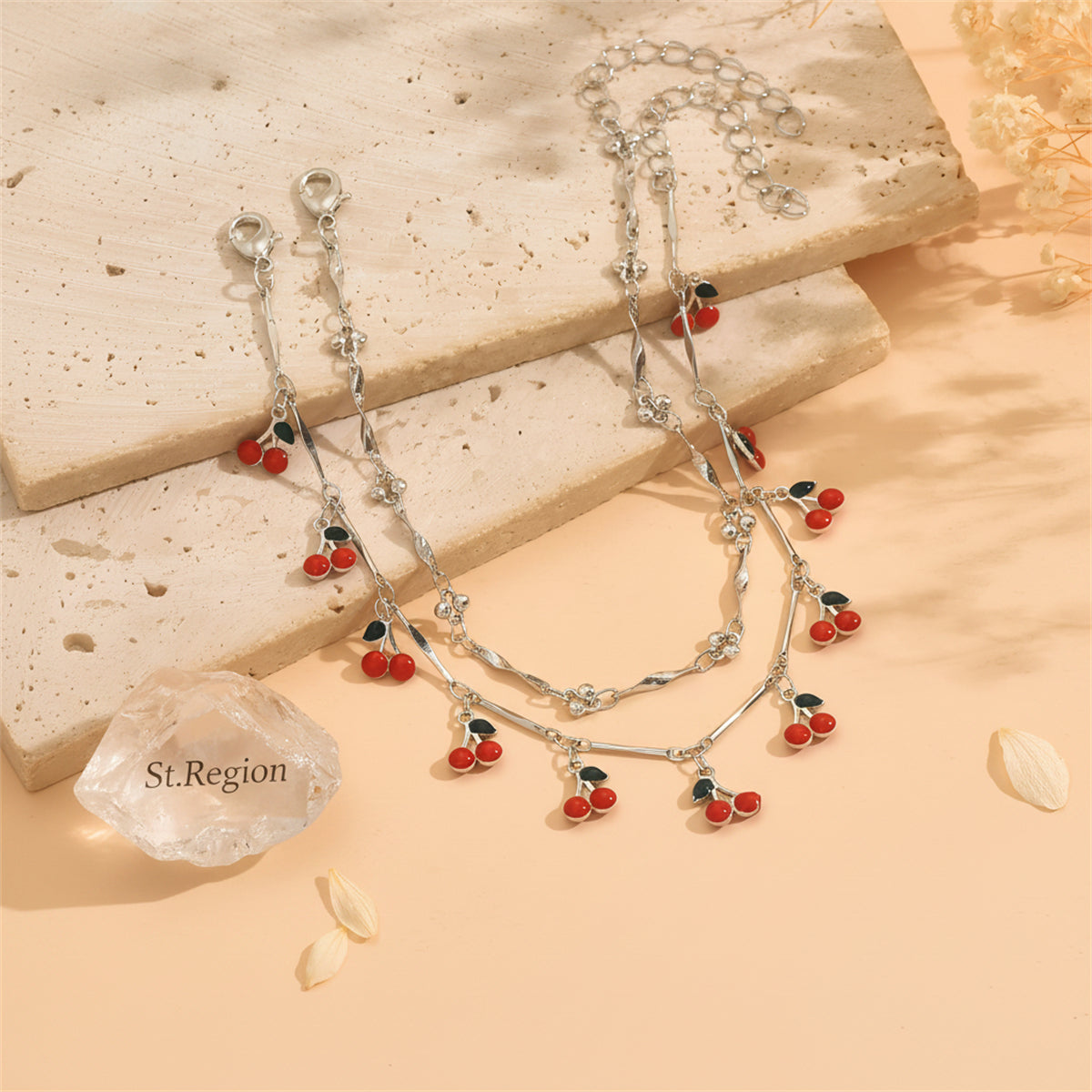 Red Enamel & Silvertone Cherry Tassel Anklet Set - Street Region