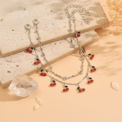 Red Enamel & Silvertone Cherry Tassel Anklet Set - Street Region